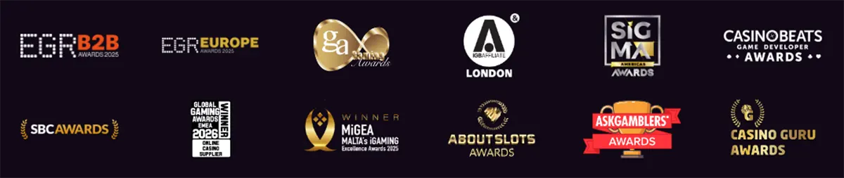 This image displays a collection of award logos from various gambling and gaming events. The logos include:  ESR B2B Awards 2025  EGR Europe Awards 2025  GA (Gaming Awards)  A (IGBA/PLATE) London  SBC Awards  Global Gaming Awards (MiGEA Malta's Gaming Excellence Awards 2025)  AboutSlots Awards  AskGamblers Awards  CasinoGuru Awards  SIGMA Americas Awards  CasinoBeats Game Developer Awards  These logos suggest recognition for achievements within the online gaming and casino industries.
